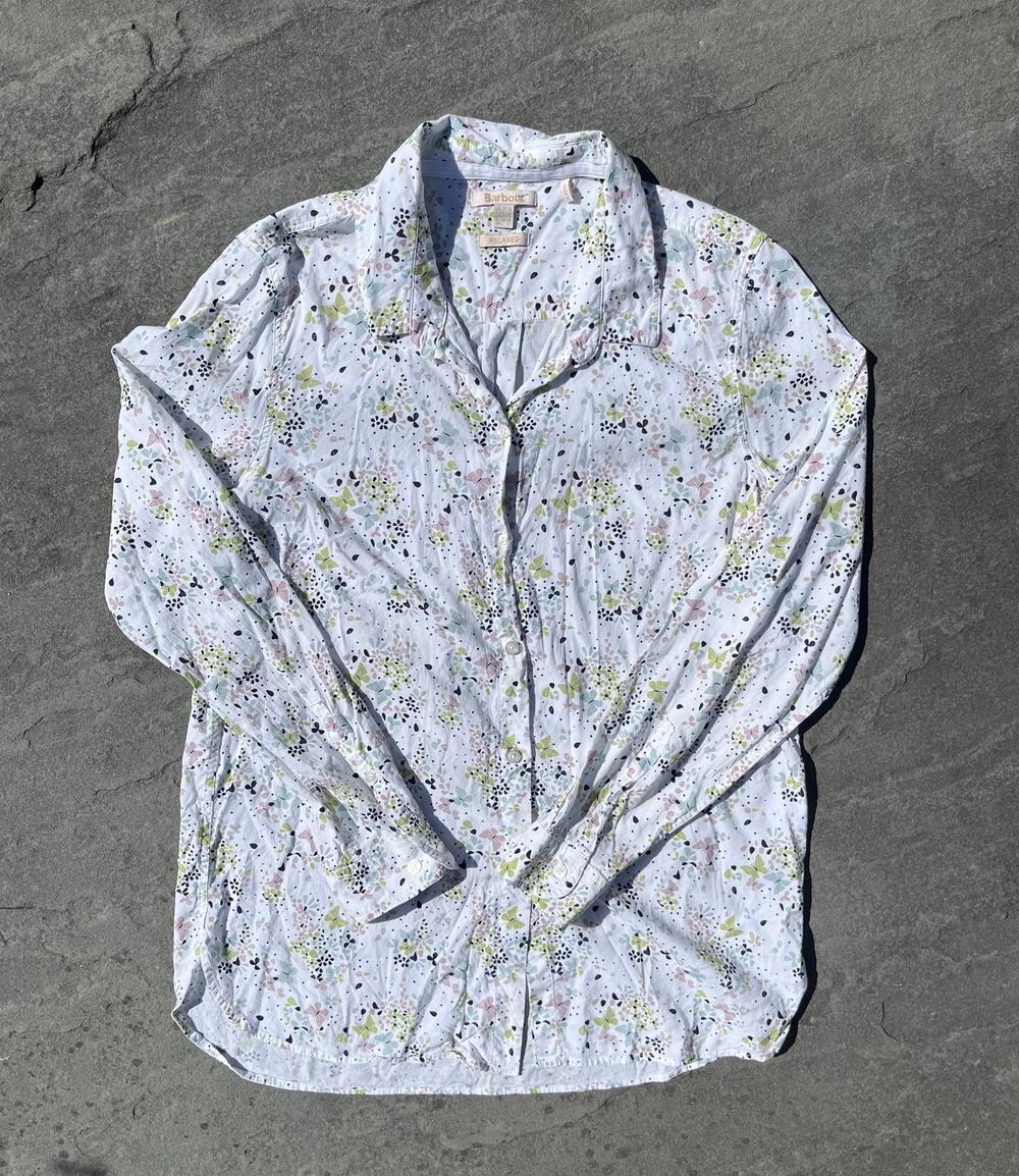 Barbour Relaxed Fit Butterfly Floral Cotton Shirt White Pastel US 8 UK 12